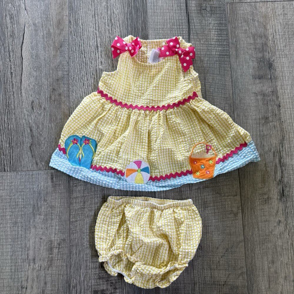 Vtg Good Lad Seersucker Baby Girl Dress Bloomers Set Yellow Gingham Summer Beach